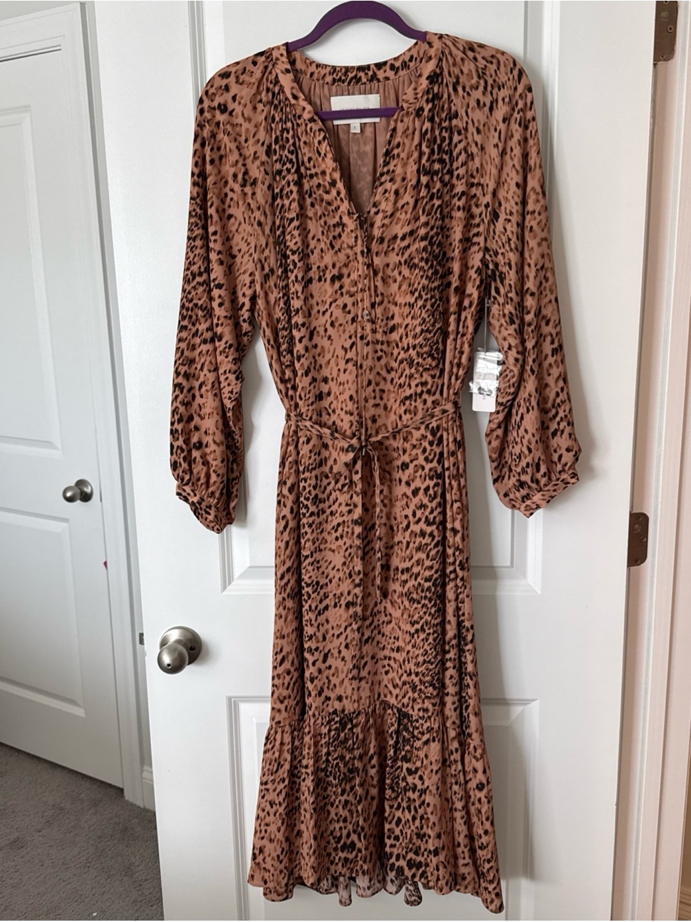 NWT Brochu Walker Leopard Print Sarai Ruffle Hem Midi Brown. Large